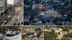 four different views of buildings and streets in the city