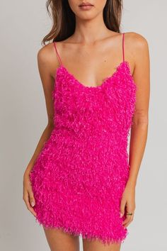 Embrace Barbie era and be the life of the party in this sassy, flirty, and oh-so-stunning hot pink dress! 100% Polyester Fringe Feather Fabric Mini Length V-Neckline Sleeveless Color: Hot Pink Feather Mini Dress, Pretty In Pink Dress, Spaghetti Dress, Hot Pink Mini Dress, Fringe Fabric, Fringe Mini Dress, Hot Pink Dresses, Breezy Dress, Fun Dress