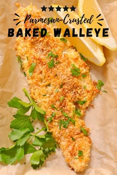 Baked walleye on parchment paper with lemon wedges and cilatro on the side. Oven Baked Walleye, Pickerel Recipes, Parmesan Crusted Fish, Fresh Fish Recipes, Cooked Fish, Fish Recipes Baked, Baked Fish Recipes