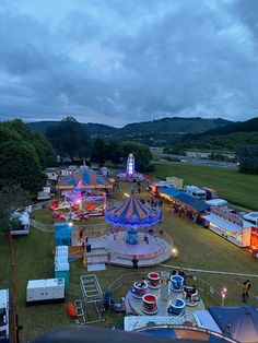 an aerial view of the fairground at dusk