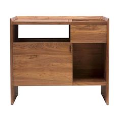 the sideboard is made out of wood and has two doors on one side, with an open shelf at the top