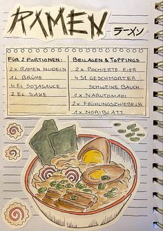 Ramen noodle soup recipe, illustration Drawing Cooking Illustrations, Ramen Drawing Aesthetic, How To Draw Noodles Easy, Recipe Coloring Pages, Ramen Drawing Cute, Recipe Doodle Journal, Food Art Journal, Naruto Ramen Drawing, Recipe Book Drawing