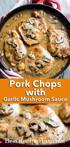 pork chops with garlic mushroom sauce in a skillet