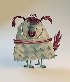 an origami monster with its mouth open and eyes closed, standing on one leg