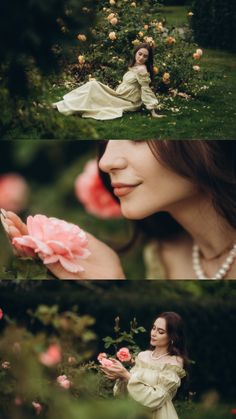 a woman in a white dress holding a pink flower