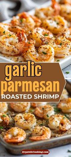 garlic parmesan roasted shrimp on a white plate with text overlay that reads garlic parmesan roasted shrimp