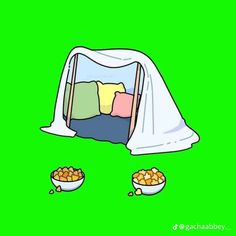 an animated image of a bed and bowl of food in front of it on a green screen