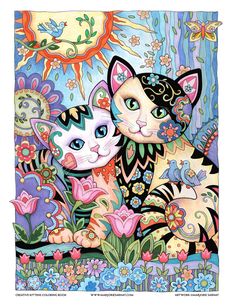 two cats sitting next to each other on top of a flower covered ground with sun in the background