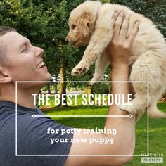 a man holding a puppy up to his face with the words, the best schedule for potty training your new puppy