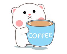 a cartoon bear holding a cup of coffee