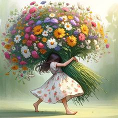 a painting of a girl carrying a bouquet of flowers