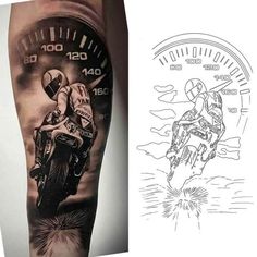 a man with a motorcycle tattoo on his arm next to an image of a speedometer