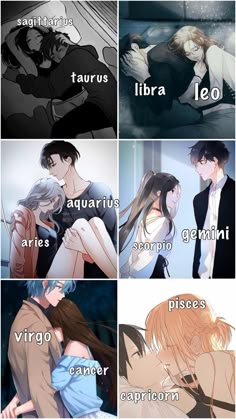 some anime characters are hugging each other in different poses, with the caption's above them