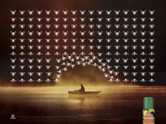 a man in a boat on the water surrounded by bees and fogs with spray paint