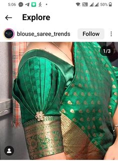 Buff Sleeve Saree Blouse, Katpadar Saree Blouse Design, Border Blouse Designs Latest, Half Saree Designs South Indian, Half Sleeve Blouse Designs, Modern Sarees, Latest Blouse Neck Designs, Green Blouse Designs, Pattern Blouses