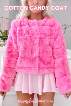 Cozy pink coat from Sassy Shortcake, perfect for adding warmth and style to any winter look Pink Fur Jacket, Pink Winter Coat, Creative Clothing, Pink Winter, Fluffy Texture, Pink Fur, Pink Cotton Candy