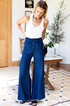 Tulip Wide Leg - Indigo Hemp Organic - Emerson Fry Emerson Fry, Nyc Fashion, Wide Leg Denim, Black Cardigan, Raw Edge, Ladies Day, True Vintage, All Seasons, Bell Bottom Jeans