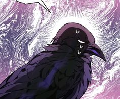 a black bird sitting on top of a purple and white background next to a speech bubble