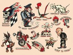 an old school tattoo flash sheet with various tattoos on it, including the words and symbols