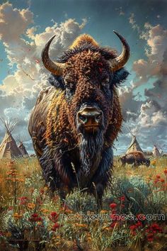 a painting of a bison standing in a field with teepees and clouds behind it