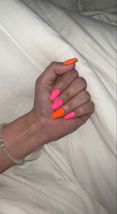 One Hand Pink And One Hand Orange Nails, White And Neon Pink Nails, Neon Pink And Yellow Nails Acrylic, Neon Orange And Neon Pink Nails, Nails Acrylic Orange Neon, Short Nails Ideas Neon, Nail Inspo Full Color, Neon Orange And White Nails, Pink And Orange Manicure