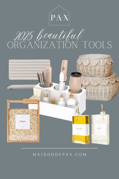 an assortment of personal care products with text overlay that reads px b2 beautiful organization tools