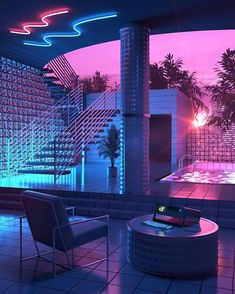 a living room filled with lots of furniture next to a swimming pool at night time