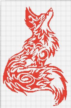 a red and white cross stitch pattern with a wolf's head in the center