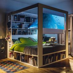 a room with a bed, bookshelf and shelves