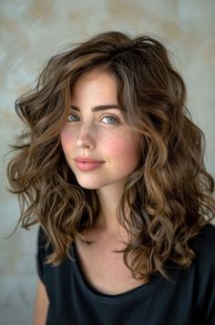 a woman with wavy hair and blue eyes looks into the camera while wearing a black shirt