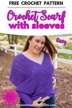 a woman wearing a purple knitted shawl with the text crochet scarf with sleeves