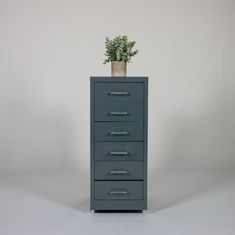 a plant is sitting on top of a filing cabinet with drawers in front of it