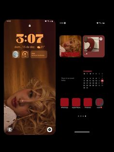 a cell phone with the time displayed on it's screen and an image of a blonde woman