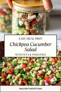 chickpea cucumber salad with feta and tomatoes in a glass jar