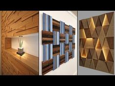 three pictures of wood panels and lights on the wall, one is made out of plywood