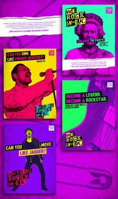 four posters with different types of music and words on them, all in bright colors