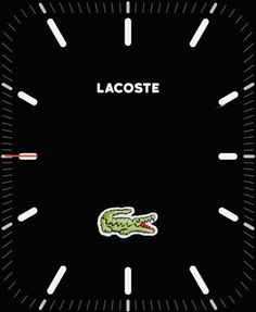 the lacoste logo is displayed on a black watch face with white numbers and an alligator's head