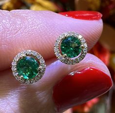 Sparkle and shine with these stunning 0.51carat green emerald diamond stud earrings. The deep green emerald adds a touch of natural elegance, while the sparkling diamonds add a touch of style. Metal: 18K Yellow GoldDiamond Weight (36): 0.09ct t.w.Emerald Weight (2): 0.42ct twEarring Dimensions: D 6.2mmBacking: Push Back Necklace Guide, Diamond Initial Necklace, Emerald Earrings Studs, Jewelry Appraisal, Bridal Engagement Rings, Gold Bracelet Cuff, Jewelry Rings Diamond, Eternity Wedding Band, Stone Collection