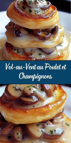 three different types of food stacked on top of each other with the words vo - au - vent au poulet et chaffinons