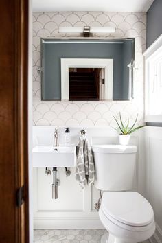 a white toilet sitting next to a sink in a bathroom under a mirror with a potted plant on top of it