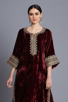 Wine red kurta with zardozi embroidery and sequin detail. Comes with embroidered sharara. - Aza Fashions Three Quarter, Aza Fashion, Velvet, Silk, Red