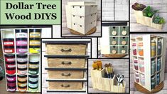 the collage shows several different types of wooden drawers and storage bins with lids on them