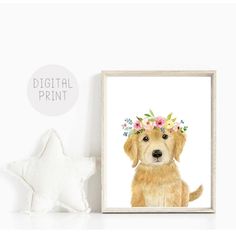 a dog with flowers on its head is sitting next to a white star and a digital print