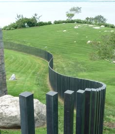 a black metal fence in the middle of a grassy field next to a large body of water