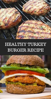 burgers and hamburger patties on the grill with text overlay that reads healthy turkey burger recipe