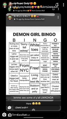 an iphone screen with the words demon girl bingo written in different languages and numbers on it