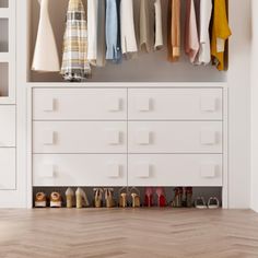 an organized closet with shoes and scarves hanging on the wall, next to white cabinets