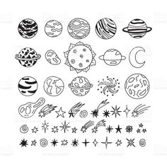 hand drawn planets and stars on white background with space symbols in doodle style for coloring