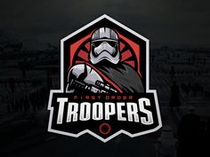 the first order troopers logo is displayed on a dark background with people standing around it