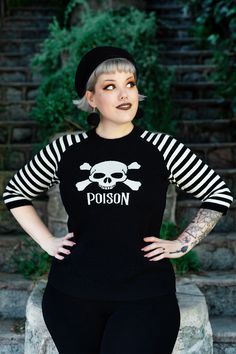 Just a dash of death with this Poison sweater! Custom made by TOBS. This is our exclusive Poison sweater. Featuring black and white stripe sleeves with a fun ivory skull knit on the front! This sweater is made to be fitted but can also be worn by anyone! Size up for a looser fit. Super soft Viscose blend. Imported. Modest Goth, Gothabilly Fashion, Psychobilly Fashion, Thanksgiving Clothes, Cute Converse, Romper And Jacket, Outfits With Converse, Psychobilly, Striped Sleeve